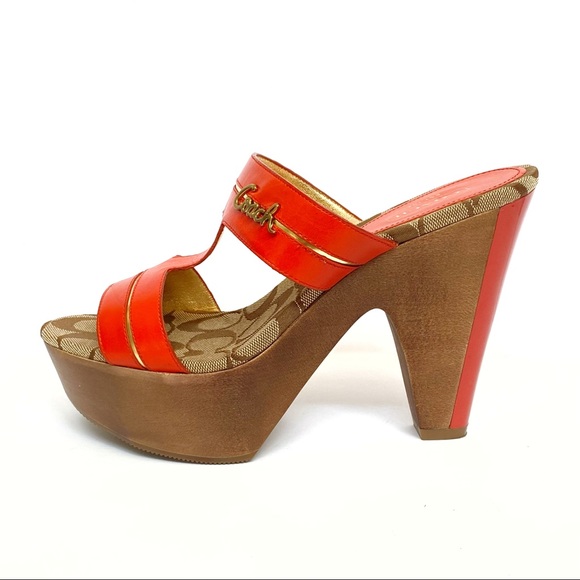Coach Jonah open toe orange leather straps brown wood platform chunky cone heels - Picture 2 of 12